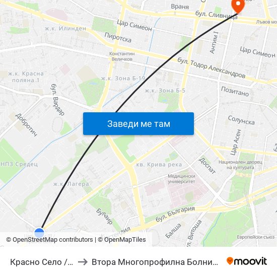 Красно Село / Krasno Selo to Втора Многопрофилна Болница За Активно Лечение map