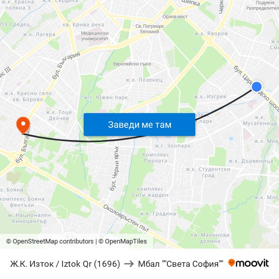Ж.К. Изток / Iztok Qr (1696) to Мбал ""Света София"" map