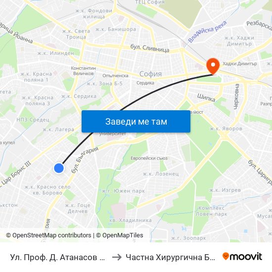 Ул. Проф. Д. Атанасов / Prof. D. Atanasov St. (2134) to Частна Хирургична Болница Света Богородица map