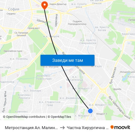 Метростанция Ал. Малинов / Al. Malinov Metro Station (0169) to Частна Хирургична Болница Света Богородица map