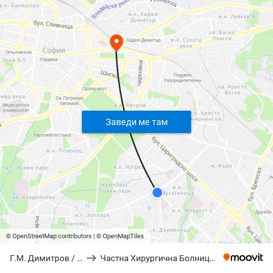 Г.М. Димитров / G.M.Dimitrov to Частна Хирургична Болница Света Богородица map