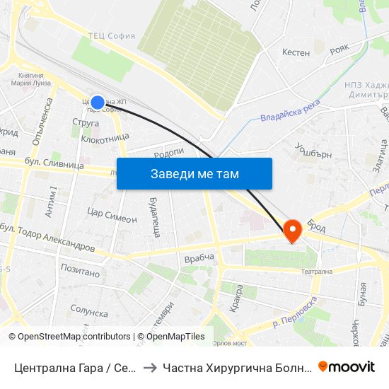 Централна Гара / Central Railway Station to Частна Хирургична Болница Света Богородица map