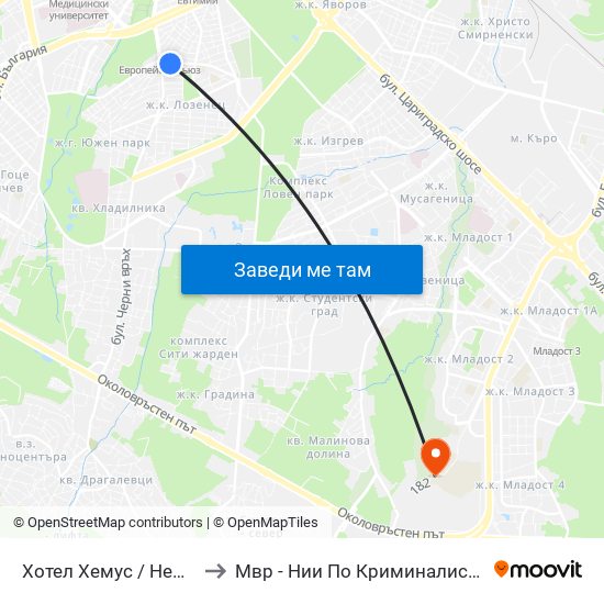 Хотел Хемус / Hemus Hotel (2329) to Мвр - Нии По Криминалистика И Криминология map