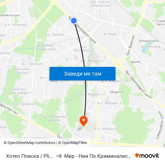 Хотел Плиска / Pliska Hotel (2326) to Мвр - Нии По Криминалистика И Криминология map