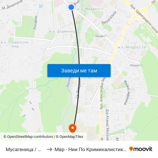 Мусагеница /  Musagenitsa to Мвр - Нии По Криминалистика И Криминология map