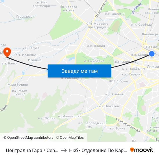 Централна Гара / Central Railway Station (1327) to Нкб - Отделение По Кардиологична Рехабилитация map