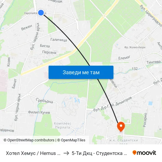 Ⓜ️ Хотел Хемус / Hemus Hotel (2329) to 5-Ти Дкц - Студентска Поликлиника map