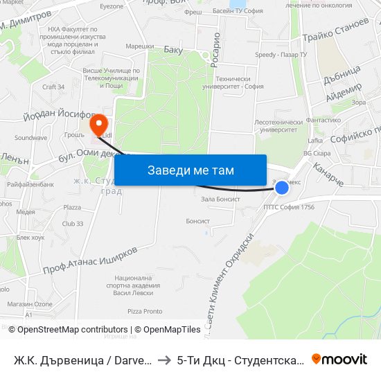 Ж.К. Дървеница / Darvenitsa Qr. (1012) to 5-Ти Дкц - Студентска Поликлиника map