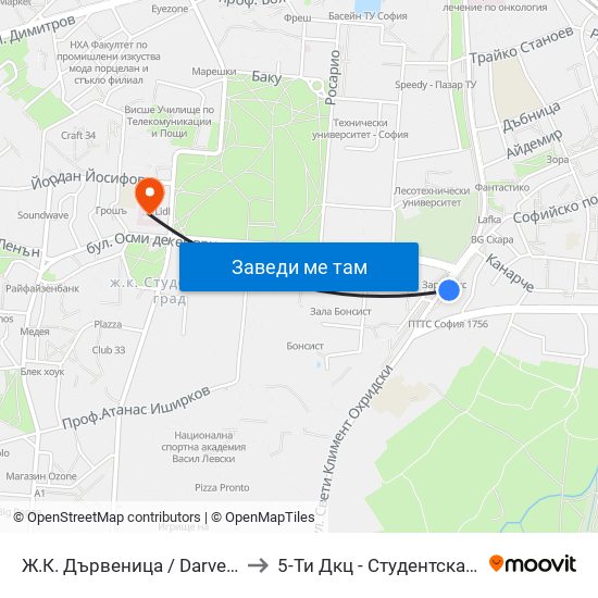 Ж.К. Дървеница / Darvenitsa Qr. (1015) to 5-Ти Дкц - Студентска Поликлиника map