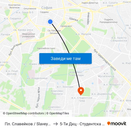 Пл. Славейков / Slaveykov Sq. (1908) to 5-Ти Дкц - Студентска Поликлиника map