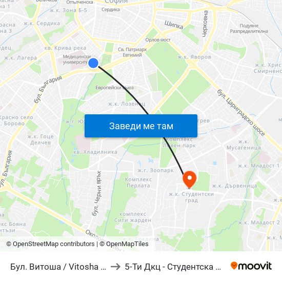 Бул. Витоша / Vitosha Blvd. (0302) to 5-Ти Дкц - Студентска Поликлиника map