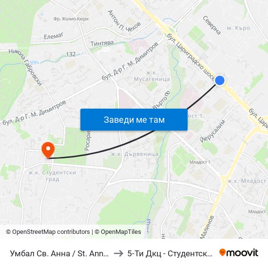Умбал Св. Анна / St. Anna Hospital (1196) to 5-Ти Дкц - Студентска Поликлиника map