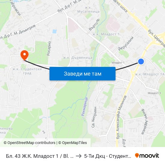 Бл. 43 Ж.К. Младост 1 / Bl. 43, Mladost 1 Qr. (0218) to 5-Ти Дкц - Студентска Поликлиника map