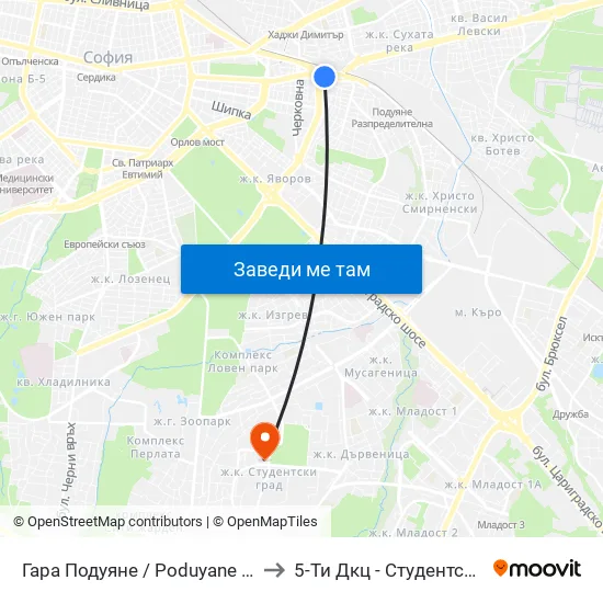 Гара Подуяне / Poduyane Train Station (0466) to 5-Ти Дкц - Студентска Поликлиника map