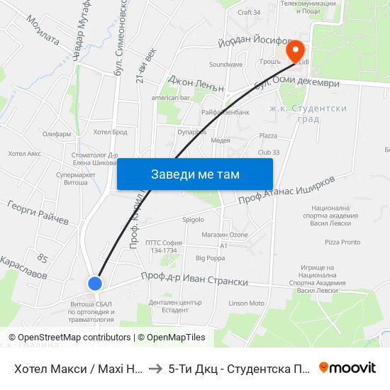 Хотел Макси / Maxi Hotel (2321) to 5-Ти Дкц - Студентска Поликлиника map