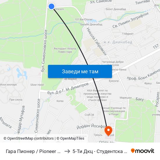 Гара Пионер / Pioneer Station (0465) to 5-Ти Дкц - Студентска Поликлиника map
