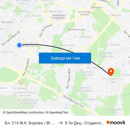 Бл. 214 Ж.К. Борово / Bl. 214, Borovo Qr. (0164) to 5-Ти Дкц - Студентска Поликлиника map