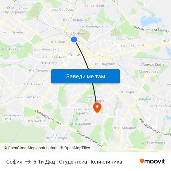 София to 5-Ти Дкц - Студентска Поликлиника map