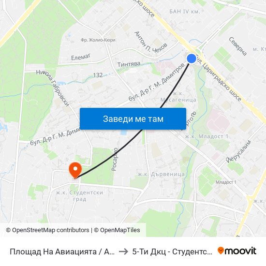 Площад На Авиацията / Aviation Square (1257) to 5-Ти Дкц - Студентска Поликлиника map