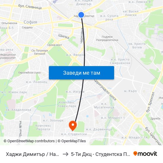 Хаджи Димитър / Hadzhi Dimitar to 5-Ти Дкц - Студентска Поликлиника map