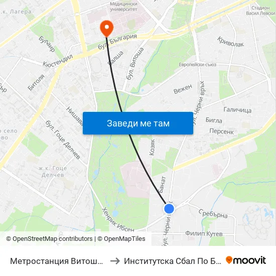 Ⓜ️ Метростанция Витоша / Vitosha Metro Station (2654) to Институтска Сбал По Белодробни Болести Св. София map