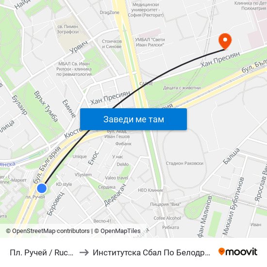 Пл. Ручей / Ruchey Sq. (1301) to Институтска Сбал По Белодробни Болести Св. София map