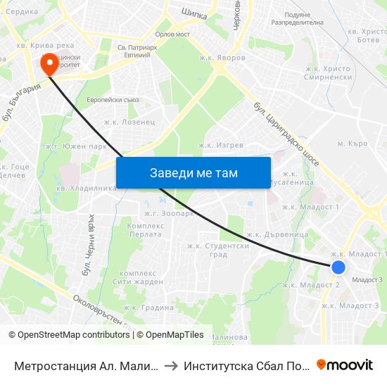 Метростанция Ал. Малинов / Al. Malinov Metro Station (0170) to Институтска Сбал По Белодробни Болести Св. София map