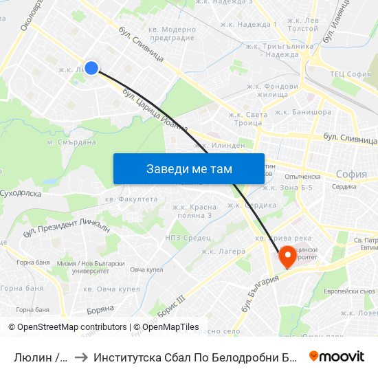 Люлин / Lyulin to Институтска Сбал По Белодробни Болести Св. София map
