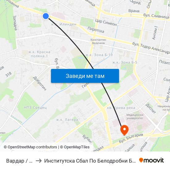 Вардар / Vardar to Институтска Сбал По Белодробни Болести Св. София map