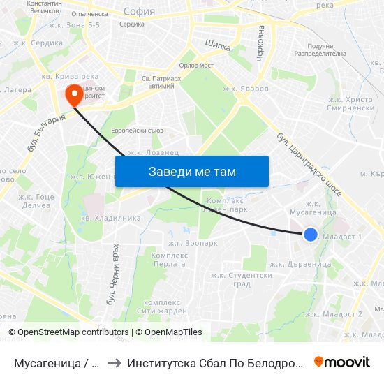 Мусагеница /  Musagenitsa to Институтска Сбал По Белодробни Болести Св. София map