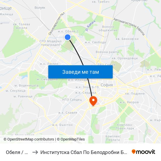 Обеля / Obelya to Институтска Сбал По Белодробни Болести Св. София map