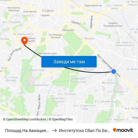 Площад На Авиацията / Aviation Square (1257) to Институтска Сбал По Белодробни Болести Св. София map