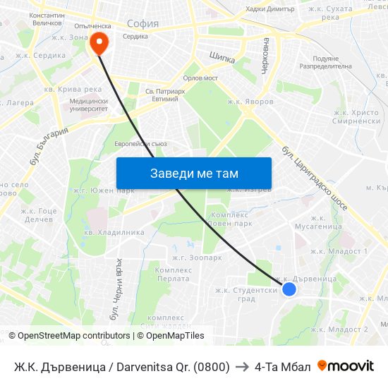 Ж.К. Дървеница / Darvenitsa Qr. (0800) to 4-Та Мбал map