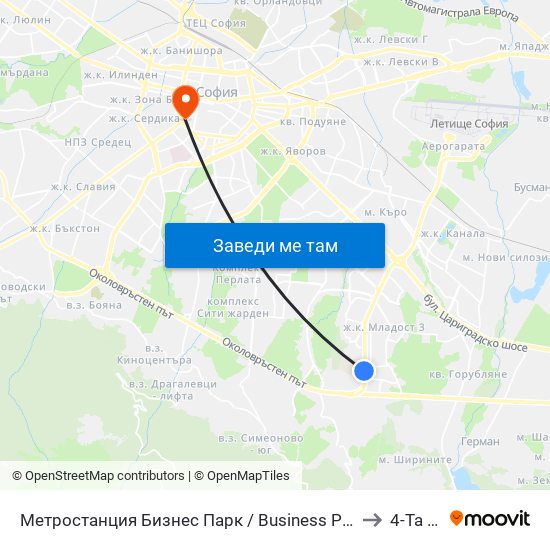 Метростанция Бизнес Парк / Business Park Metro Station (2490) to 4-Та Мбал map
