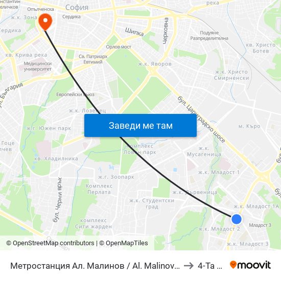 Метростанция Ал. Малинов / Al. Malinov Metro Station (0169) to 4-Та Мбал map