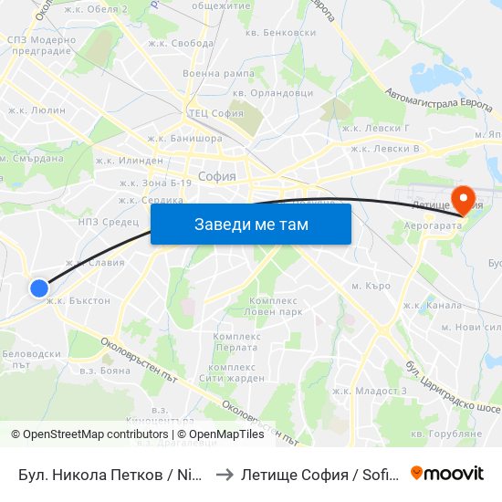 Бул. Никола Петков / Nikola Petkov Blvd. (0350) to Летище София / Sofia Airport - Terminal 2 map