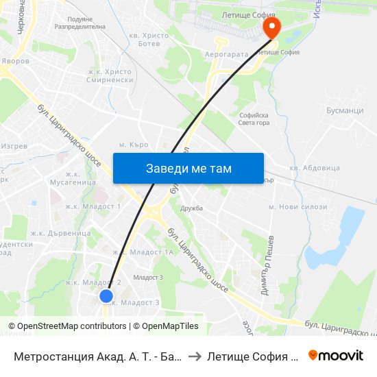 Метростанция Акад. А. Т. - Балан / Acad. A. T.-Balan Metro Station (1917) to Летище София / Sofia Airport - Terminal 2 map