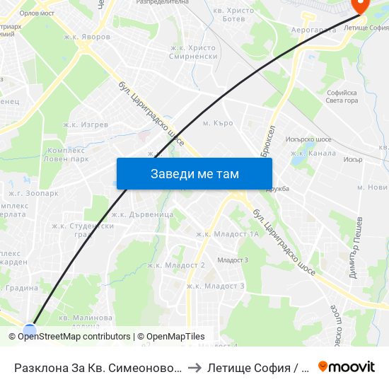 Разклона За Кв. Симеоново / Fork Road To Simeonovo Qr. (1459) to Летище София / Sofia Airport - Terminal 2 map