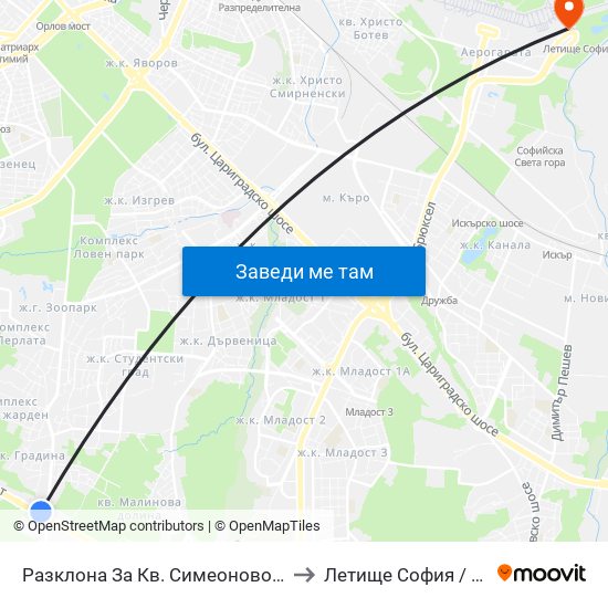 Разклона За Кв. Симеоново / Fork Road To Simeonovo Qr. (1458) to Летище София / Sofia Airport - Terminal 2 map