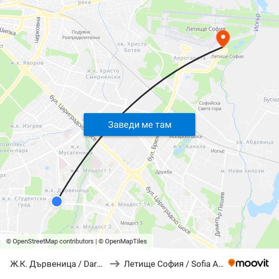 Ж.К. Дървеница / Darvenitsa Qr. (1015) to Летище София / Sofia Airport - Terminal 2 map