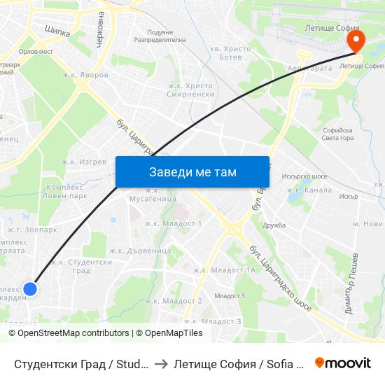 Студентски Град / Students' Town (2382) to Летище София / Sofia Airport - Terminal 2 map