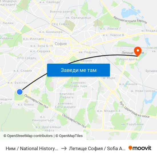 🎨 Ним / National History Museum (1464) to Летище София / Sofia Airport - Terminal 2 map