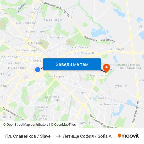 Пл. Славейков / Slaveykov Sq. (1908) to Летище София / Sofia Airport - Terminal 2 map