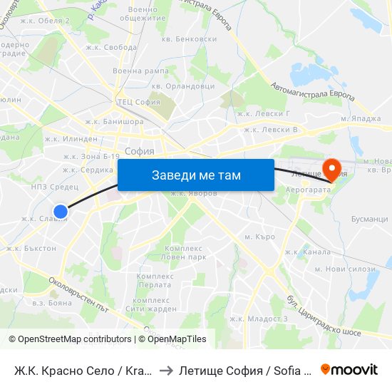 Ж.К. Красно Село / Krasno Selo Qr. (0638) to Летище София / Sofia Airport - Terminal 2 map