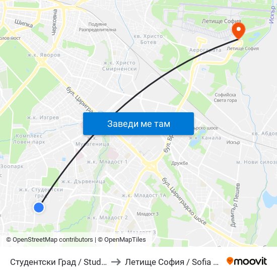 Студентски Град / Students' Town (1693) to Летище София / Sofia Airport - Terminal 2 map