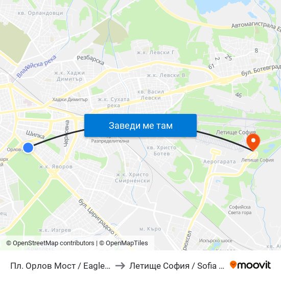 Пл. Орлов Мост / Eagles' Bridge Sq. (1288) to Летище София / Sofia Airport - Terminal 2 map
