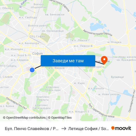 Бул. Пенчо Славейков / Pencho Slaveykov Blvd. (0356) to Летище София / Sofia Airport - Terminal 2 map