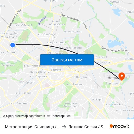 Метростанция Сливница / Slivnitsa Metro Station (1063) to Летище София / Sofia Airport - Terminal 2 map