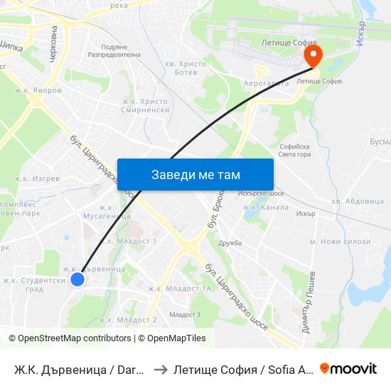 Ж.К. Дървеница / Darvenitsa Qr. (0800) to Летище София / Sofia Airport - Terminal 2 map