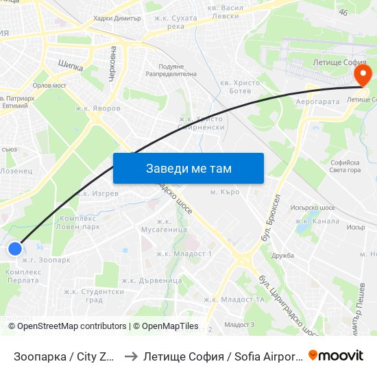 Зоопарка / City Zoo (2764) to Летище София / Sofia Airport - Terminal 2 map